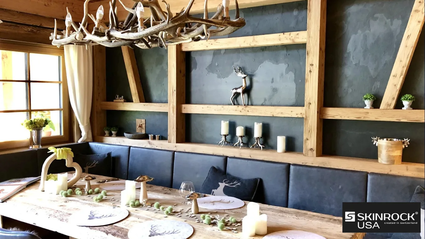 Warm interior where natural stone, timber and soft lighting create a relaxed atmosphere