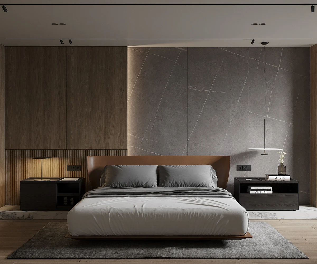 Bedroom stone wall illuminated as a soft and calm visual field