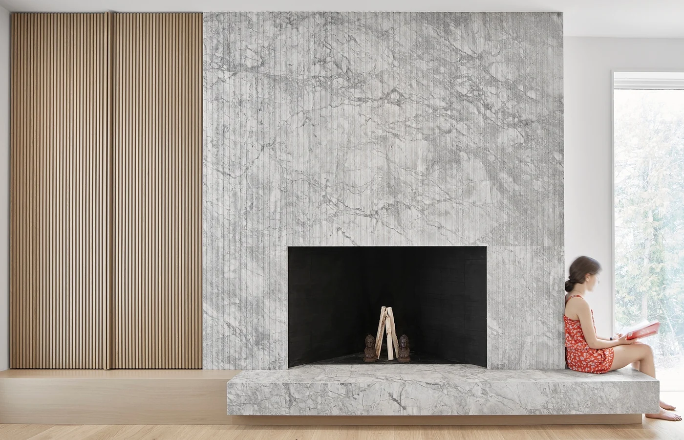 Modern fireplace framed by pale veined stone and warm timber slats