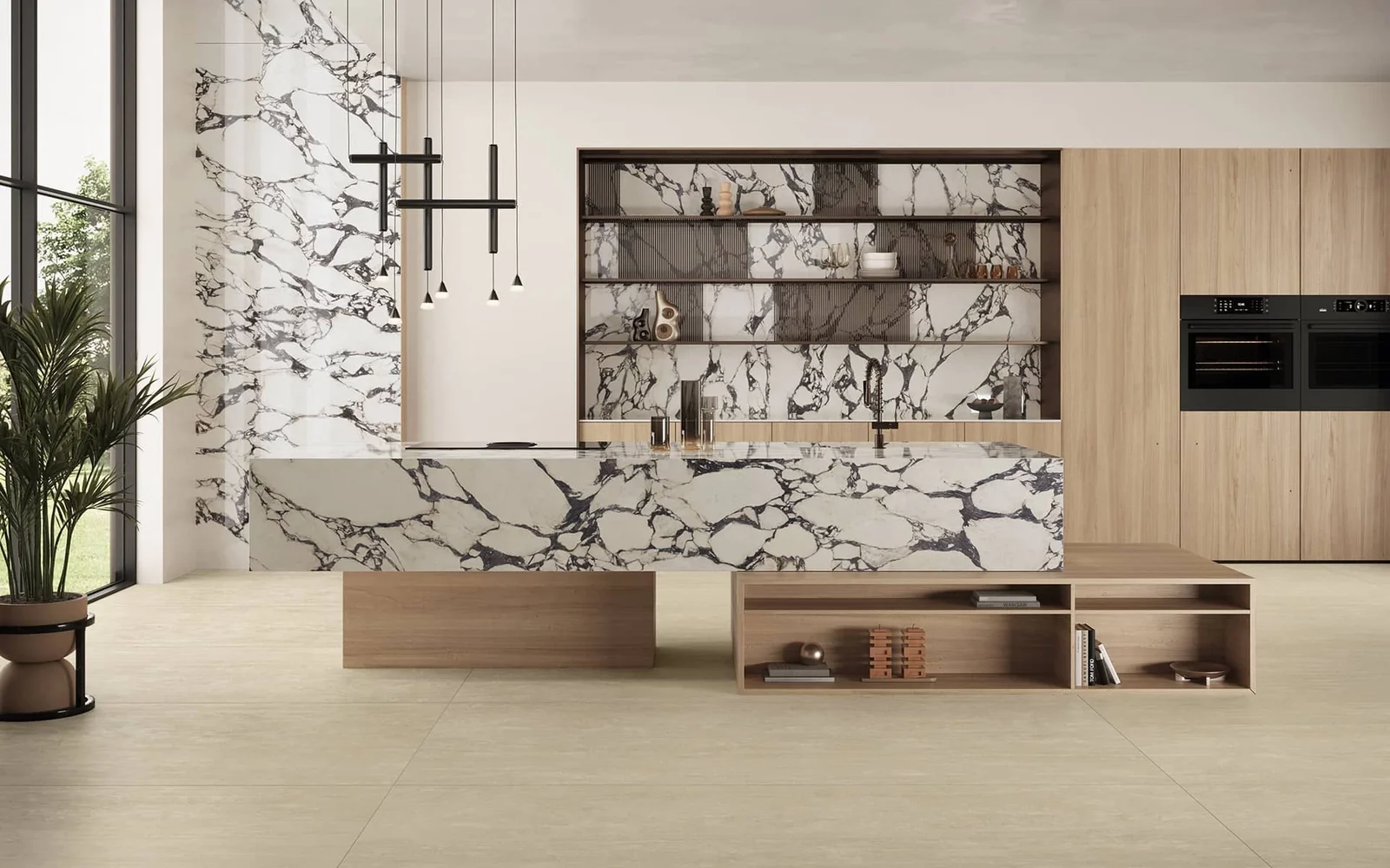 Kitchen and fitted furniture composed with expressive natural stone surfaces